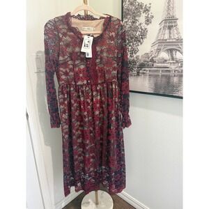 Xingchenkaiyi Red Navy Floral Lace A Line Midi Dress Long Sleeve US 6  L
